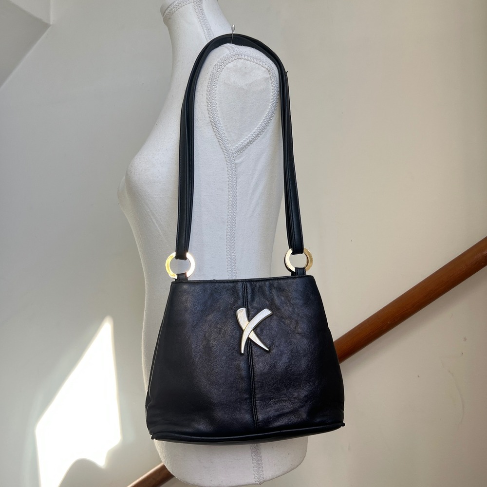 Vintage Paloma Picasso 90s Black Leather Shoulder Bag Purse Gold O-Ring Chic